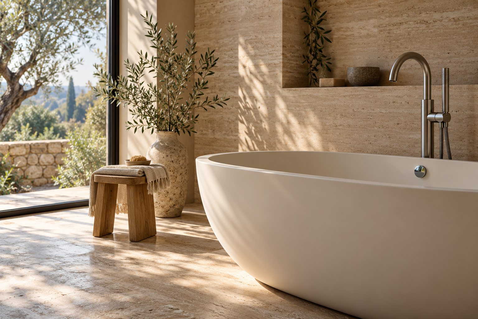 Freistehende Badewanne in einem sonnigen Badezimmer mit warmen Naturmaterialien